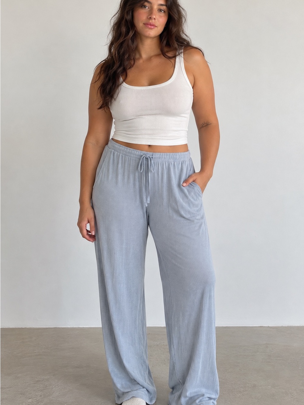 SKIMS Soft Lounge Ribbed Wide Leg Sleep Pants Light Blue L Modal Loungewear